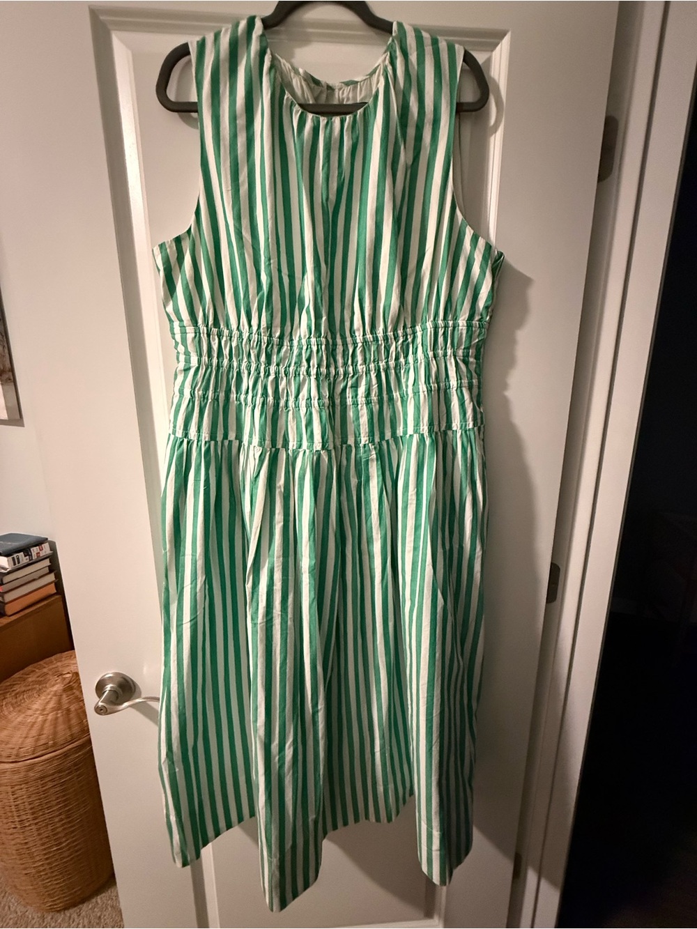 J. Crew Green and White Striped Sleeveless Midi Dress